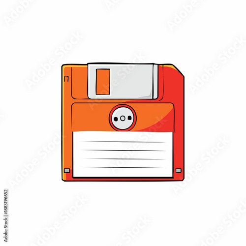One inch floppy disk in orange tone, data storage format from the past, retro