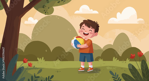 Happy boy with a beach ball for children's marketing, summer activities, and playful content