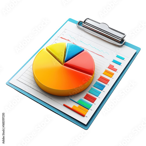 Colorful pie chart and bar graph displayed on a clipboard representing data analysis and financial performance for business and marketing strategies on transparent background