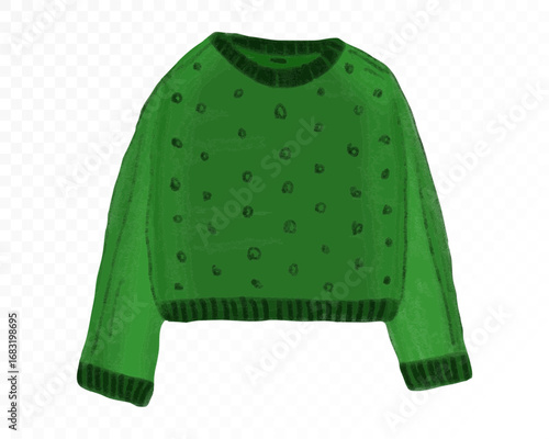 Watercolor green knitted sweater with dotted ornament, cozy warm clothing for winter fashion. Vector illustration.