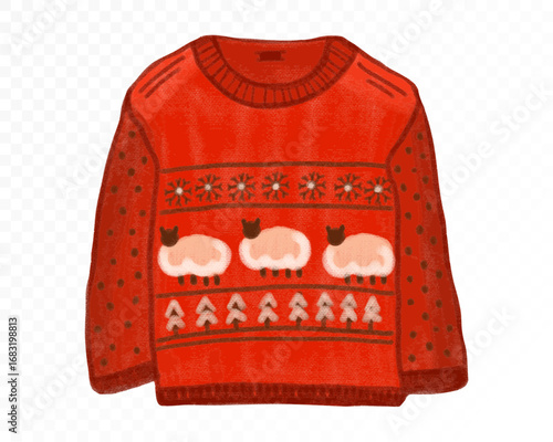 Watercolor red Christmas sweater with white sheep pattern, snowflakes, and festive ornament, perfect for cozy holiday design. Vector illustration.