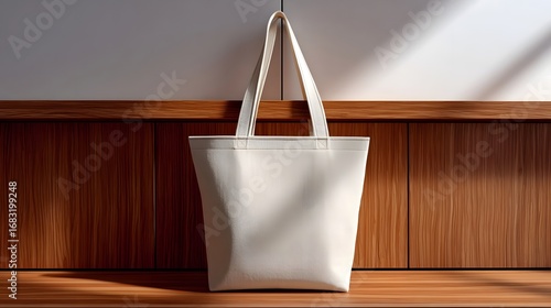 A simple, elegant white canvas tote bag hanging on a warm wooden wall panel in a minimalist, contemporary setting