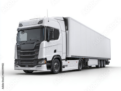 A modern white semi-truck with a large refrigerated trailer is displayed against a plain white background.