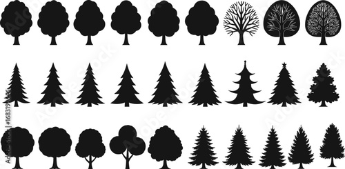 Set of Vector Tree Silhouettes Including Deciduous, Evergreen, Pine, and Christmas Trees for Nature, Forest, and Landscape Design Projects