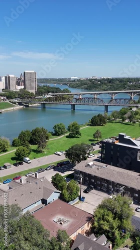 Downtown Saskatoon Aerial 4K Over South Saskatchewan River