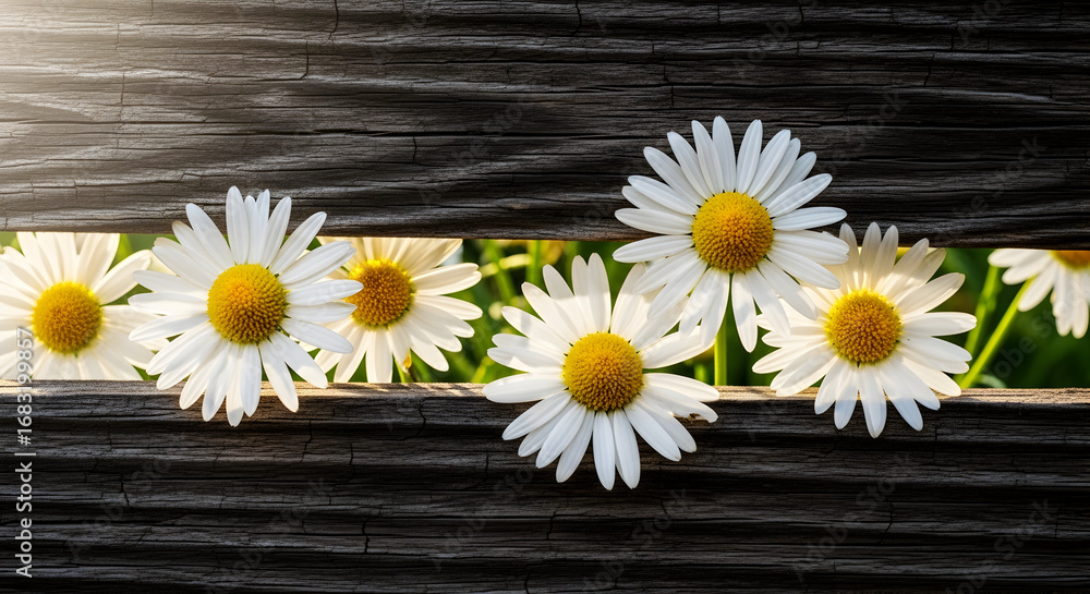 Obraz premium Charming daisies peek through weathered wooden planks creating a rustic scene