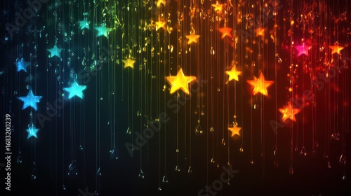 Glowing stars descending from the top, with a spectrum of colors on a dark background
