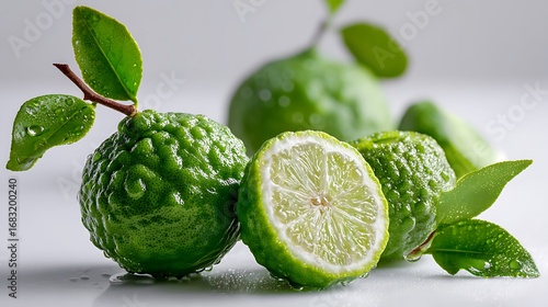 Fresh green bergamot citrus fruits, both cut and whole, arranged on a clean white background with dew droplets for a fresh and vibrant look.
