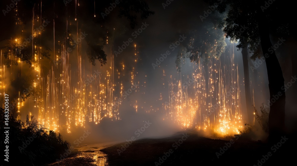 Fototapeta premium Fireworks falling like glowing rain over an enchanted forest, magical fantasy, 