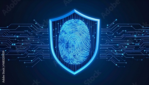 Digital blue shield with fingerprint and circuit lines symbolizing cybersecurity, Generated with AI.