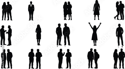 Collection of diverse people silhouette poses including standing, talking, interacting and expressing gestures for business, social or communication design.