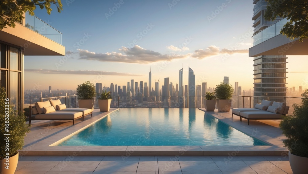 Fototapeta premium Luxury penthouse terrace showcases an infinity pool with city skyline view du sunset, offe a high fidelity panoramic landscape.