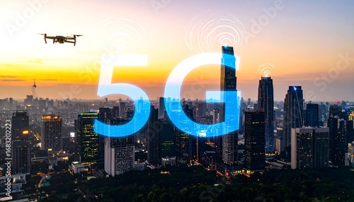 Drone over Cityscape with 5G Network Overlay at Sunset, Kuala Lumpur, Malaysia