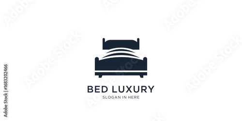 Double bed with pillow and duvet idea, Bed icon, Mattress logotype, Bedroom furniture vector logo design inspiration 