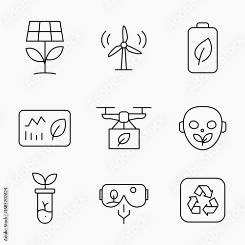 Collection of simple outline icons representing renewable energy, eco-friendly solutions and sustainable technology concepts