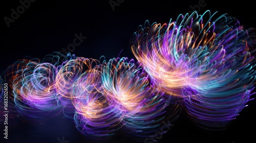Long exposure photography of fireworks creating colorful light trails, abstract art style