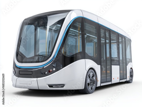 A modern, futuristic light rail vehicle, showcasing sleek lines and minimalist design, is presented against a plain white background.