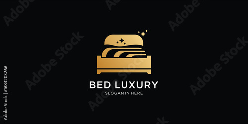 Bedroom logo design Inspiration, Double bed icon, cushion, blanket, sheets, pillow, mattress topper, curtain, bathrobe vector illustrations. 
