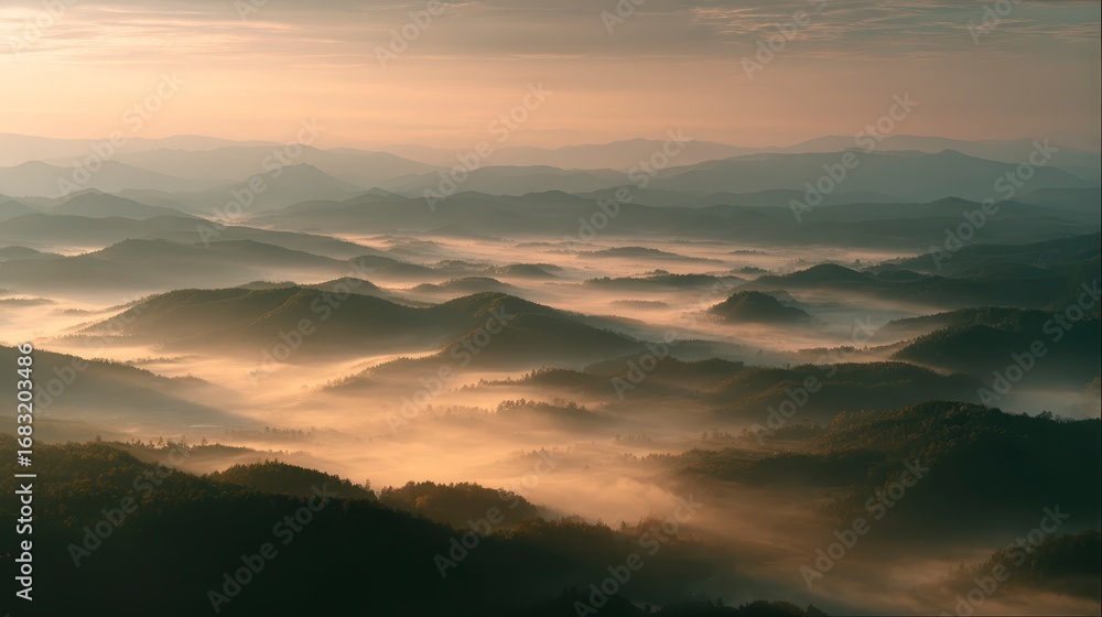 Obraz premium Misty silent hills at dawn covered in fog, cinematic landscape style