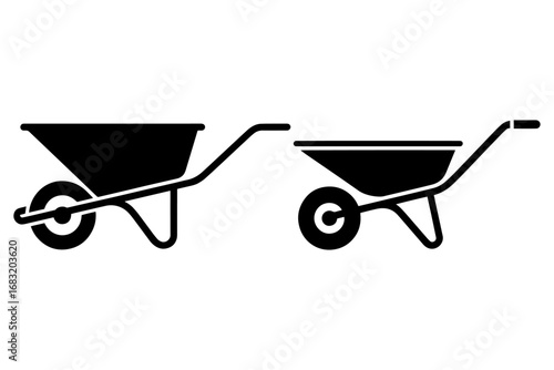 silhouette of wheelbarrows, garden tools, gardening equipment