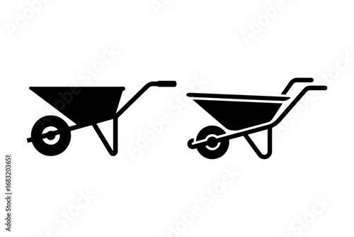 silhouette of wheelbarrows, garden tools, gardening equipment