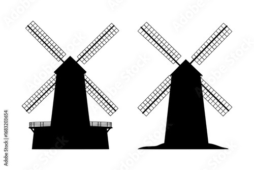 silhouette of traditional windmills architecture building 