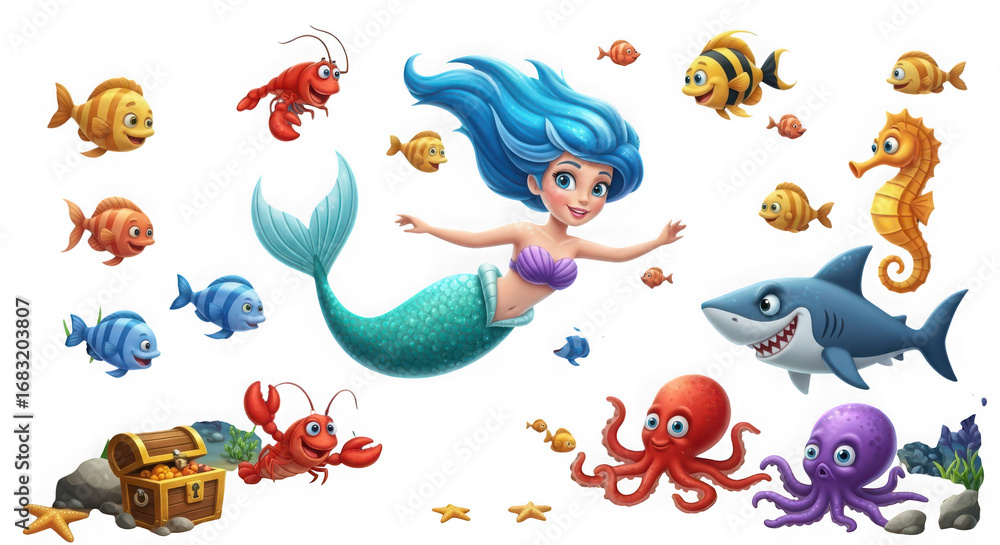 Obraz premium Underwater scene with a mermaid, shark, octopus, fish, seahorse, lobster, and treasure chest, isolated on transparent background