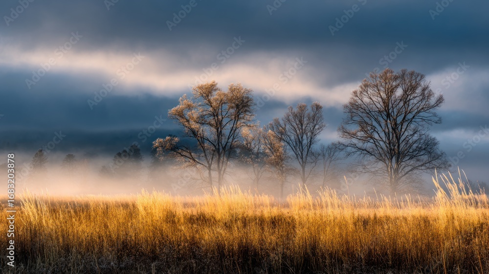 Fototapeta premium Golden light meadow sunrise