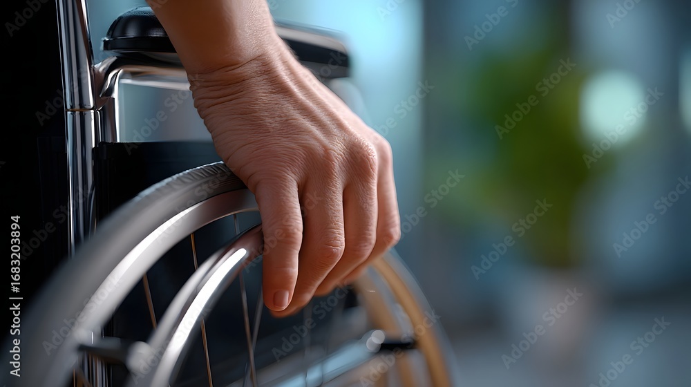 Obraz premium A close-up view of a person's hand firmly gripping the wheel of a wheelchair, highlighting the importance of mobility aids and accessibility for those with disabilities.