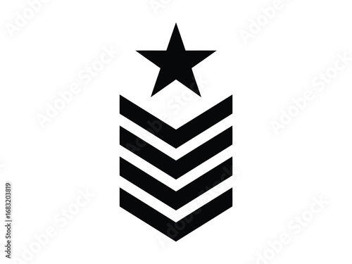 Minimalist black and white graphic featuring a star atop four chevron-like stripes, conveying concepts of rank, achievement, or leadership with a bold and clean vector design