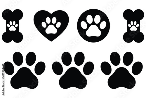 Paw Prints and Bones Icon – Black and White Silhouette Vector for Pets and Animal Design