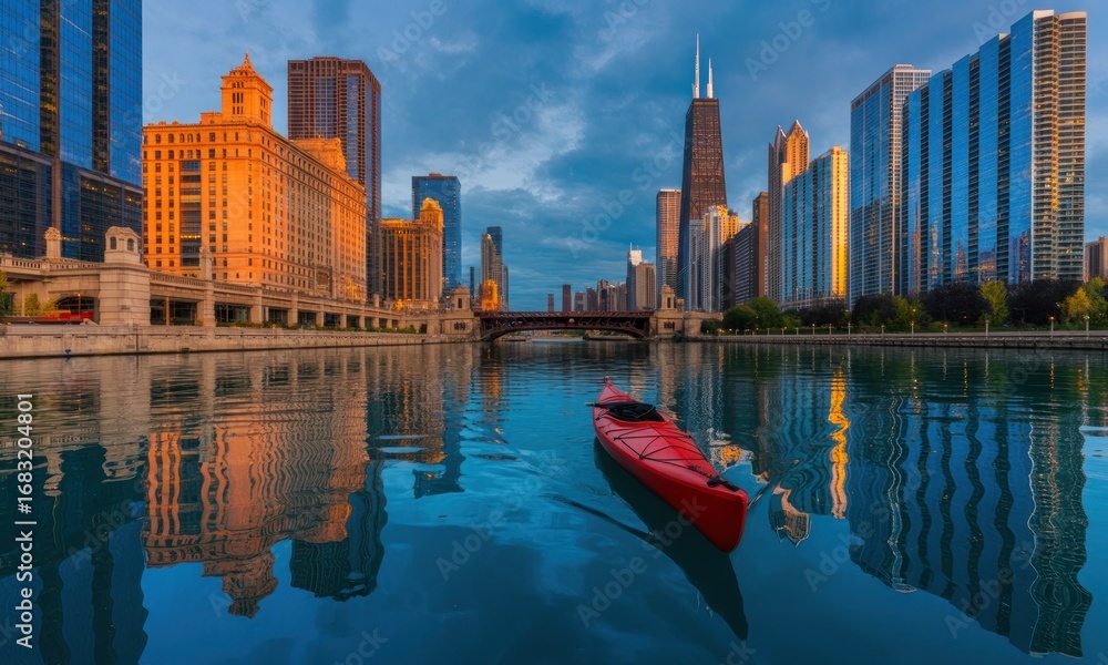 Fototapeta premium A red kayak glides on a calm river, reflecting city skyscrapers at dawn