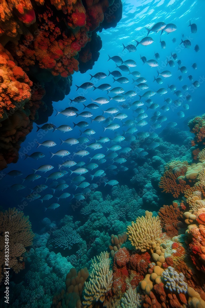Naklejka premium A vibrant underwater ecosystem teeming with life, showcasing a school of fish swimming amidst colorful coral reefs in the deep blue ocean, a testament to natures beauty