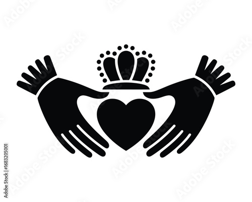 A minimalist black and white tattoo-style design showcasing two hands cradling a crowned heart, embodying universal themes of love, loyalty, and enduring friendship