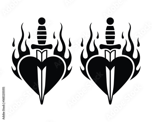 A bold black and white vector illustration of a flaming heart pierced by a dagger in a classic tribal tattoo style, isolated on a white background