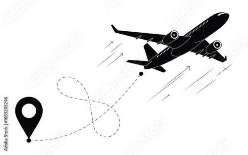 A classic poster design featuring a silhouette of a passenger airplane taking off with a dotted flight path and location marker, representing travel and journeys