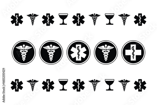 Medical Symbol Icon Set, Black and White Caduceus, Star of Life, Wine Goblet, Medical Cross, Circular Logos, Vector Illustration, Healthcare Design