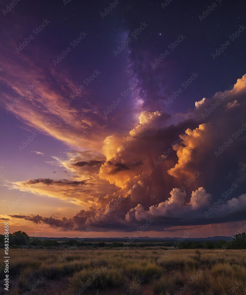 Fototapeta premium Dramatic sunset with clouds over a field at dusk