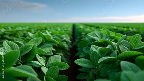 Expansive soybean field with row upon row of vibrant, verdant plants, showcasing the robust growth and productivity of this important agricultural crop