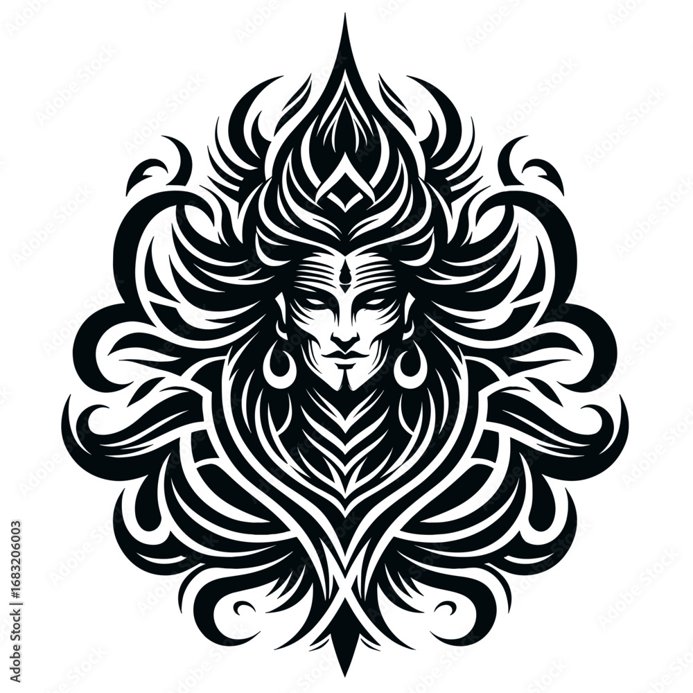Fototapeta premium Intricate black and white tribal art depicting a stylized face lord shiva 