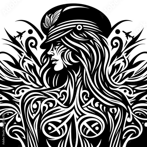 Black and white illustration of a woman airplane pilot in military cap with ornate design,  flight attendants 