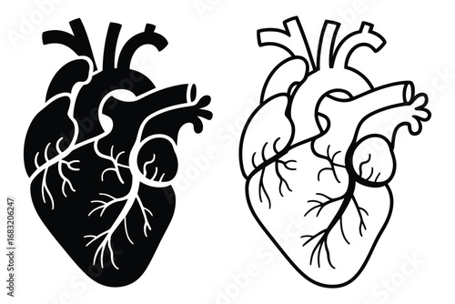 A set of minimalist anatomical human heart vector illustrations, featuring a solid black silhouette and a simple black and white outline design