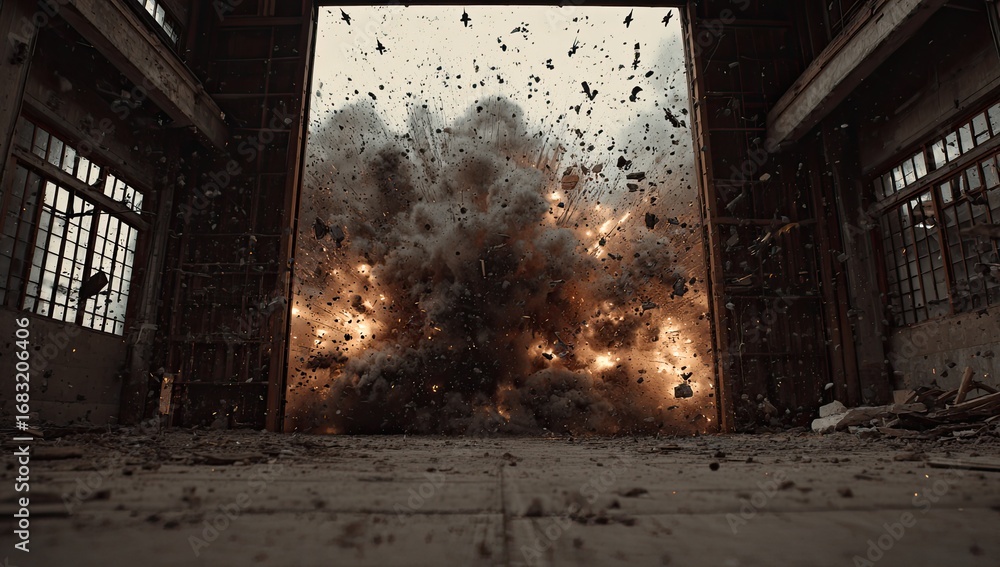 Fototapeta premium Massive explosion erupts through a large doorway in a derelict building, sending debris and smoke into the air