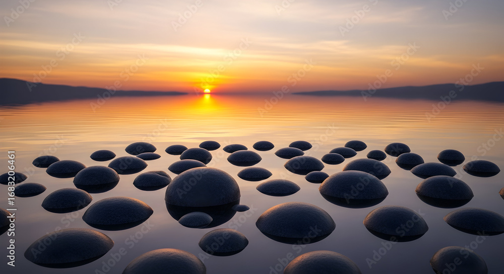 Obraz premium Zen stones in calm water reflecting the sunset, creating a peaceful atmosphere and serene landscape