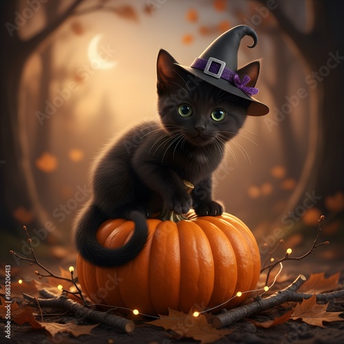 Cute Black Kitten Wearing Witch Hat on Pumpkin – Halloween Art