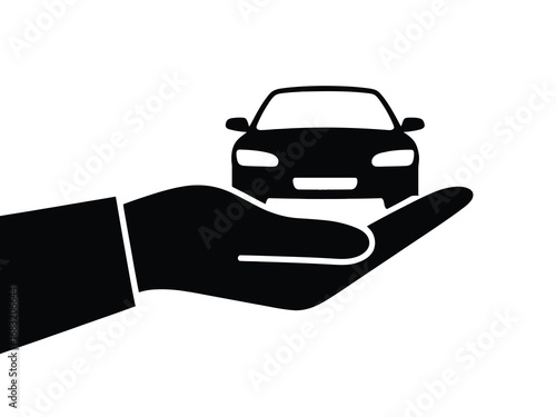 A minimalist black and white icon illustrating a hand holding a car, symbolizing concepts like vehicle ownership, automotive protection, car services, and safe transportation