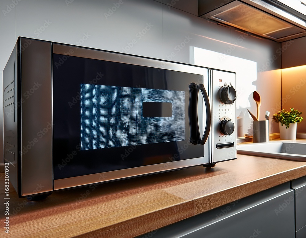 Fototapeta premium a sleek microwave oven in a modern kitchen displaying its digital timer as food heats up inside
