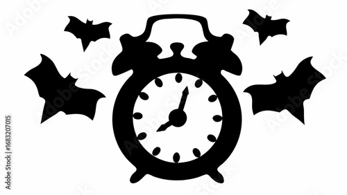 Silhouette of an alarm clock with bats flying around it indicating a spooky or halloween themed time scene