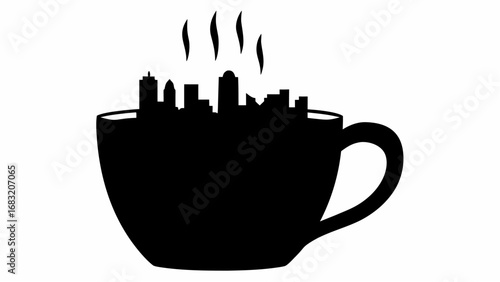 A black and white silhouette of a coffee mug with a cityscape inside and steam rising from the top edge