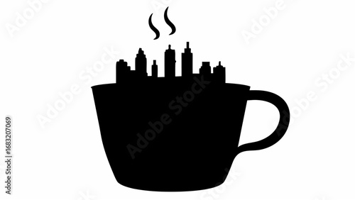 Silhouette of a coffee mug with a city skyline on top and steam rising from it in a black and white design